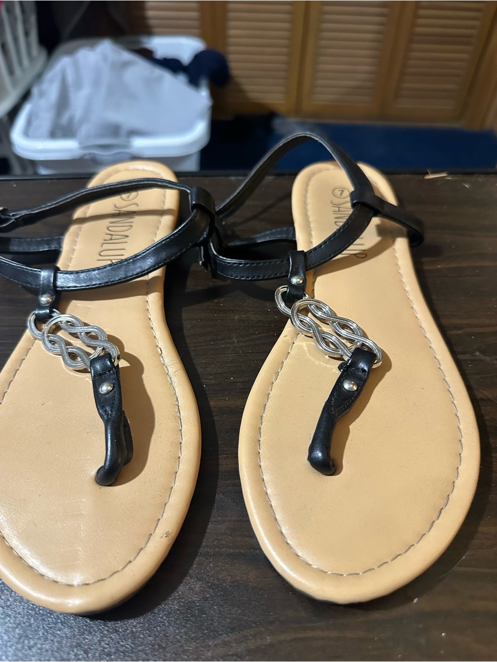 Black T-Strap Sandals with Silver Chain Accent